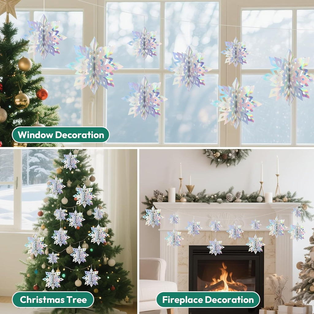 Benbilry 3D Hanging Snowflake Decorations for Christmas Tree, 24pcs 3 Size Winter Wonderland Decorations for Frozen Birthday Party, Christmas Home Decor - Iridescent