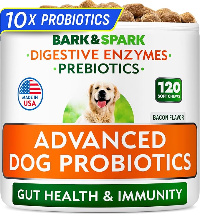 Bark&Spark Vet Strength Dog Probiotics Chews & Digestive Enzymes for Allergies Itchy Skin - Dogs Digestive Health - Gas, Diarrhea, Constipation Relief Pills - Prebiotics for Dogs Gut Health (120 Ct)-PawvioPets