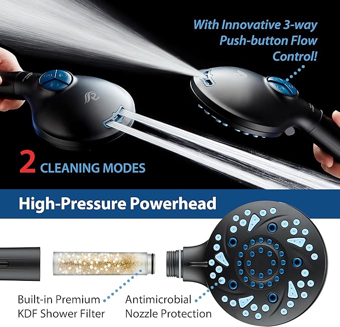 AquaCare High Pressure 10 Spray Mode Filtered Showerhead - Handheld Shower Head Filters Chlorine to Heal Dry Skin, Revive Hair - Dual Power Wash Cleans Tub, Tile, Pets - Hard Water Softener, Black-PawvioPets