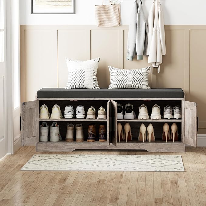 2-Tier Storage Bench, Shoe Bench with Thickened Padded Seat Cushion, Entryway Bench with 4 Doors, Adjustable Shelf, 13.8" D x 45.3" W x 18.5" H, for Entryway, Living Room, Bedroom, Greige-PawvioPets