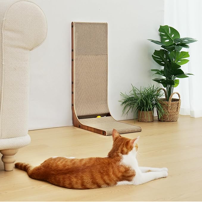 FUKUMARU Cat Scratcher, 26.8 Inch Cat Scratch Pad for Indoor Cats, L Shaped Cardboard Vertical Cats Scratching Board with Ball Toy, Walnut Color, 1 Pack-PawvioPets