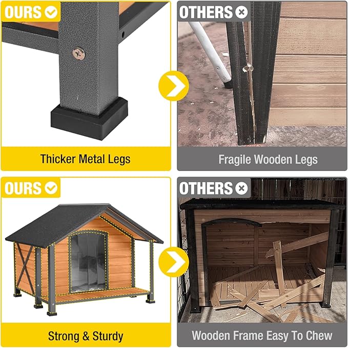 Aivituvin Dog House with Insulated Liner Outdoor All-Around Iron Frame Dog Kennel Outside with Overhang Roof Large Porch Weatherproof-PawvioPets