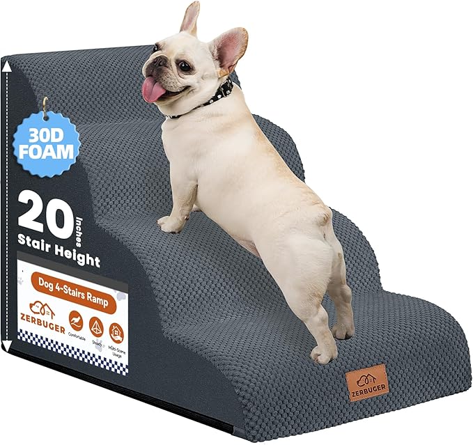 Dog Ramp and Stair for Bed 16" H-20 H,3-Step Cat Stair for Sofa and Chair,4-Step Dog Ramp for High Bed and Window,Durable Nonslip Fabric Cover for Indoor (Dark Grey-20 H, Pet Friendly, 4)-PawvioPets