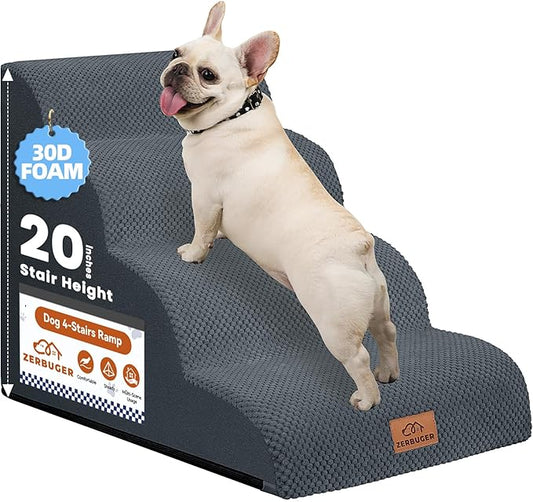 Dog Ramp and Stair for Bed 16" H-20 H,3-Step Cat Stair for Sofa and Chair,4-Step Dog Ramp for High Bed and Window,Durable Nonslip Fabric Cover for Indoor (Dark Grey-20 H, Pet Friendly, 4)-PawvioPets