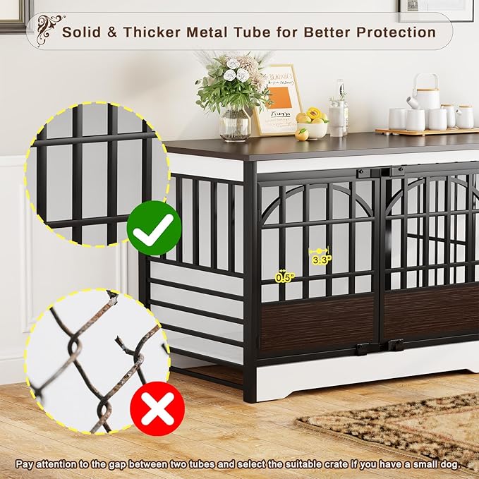 COZPAW 86 Inch Double Dog Crate Furniture for 2 Large Dogs, Decorative Dog Kennel Indoor TV Stand, Heavy Duty Wooden Dog Cage for Large Medium Dogs Sized Dog Pet House with Divider (White)-PawvioPets