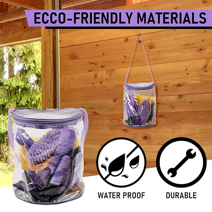 9 Pieces Horse Grooming Kit Tack Room Supplies Set with Organizer Tote Bag, Oval Massage Curry, Hard and Soft Brush, Hoof Pick, Sweat Scraper, Bathing Sponge, Combs for Horse Riders Beginners (Purple)-PawvioPets