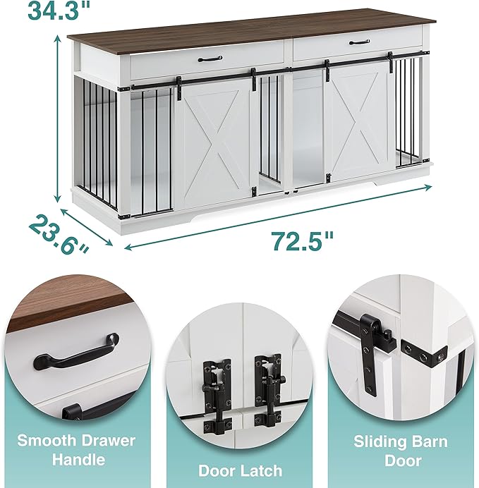 EDYO LIVING 72.5" Large Dog Crate Furniture for 2 Dogs, Wooden Dog Kennel with Drawers, Divider, Sliding Barn Door, Water Resistant Indoor Furniture Style Double Dog Crates, White-PawvioPets