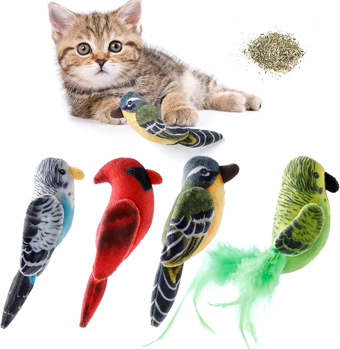 Dorakitten Cat Catnip Toys Interactive Cats 4pcs Kitten Plush Nip Chew Bird Toy with Crinkle Paper Pet Best Treats Stuffed Pillow Cute Teething Play Gifts Soft Kick Sound Supplies for Indoor Kitty-PawvioPets