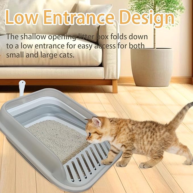 Collapsible Kitten Litter Box, Open High Sided Cat Potty Pan with Scoop Shallow Cat Toilet Anti-Splashing Low Entrance Travel Litter Box with Falling Sand Pedal for Kitty to Senior Cats-PawvioPets