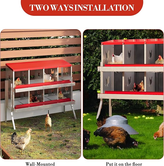 8 Hole Chicken Nesting Box with Roll Out Egg Tray, Rustproof & Ventilated Chicken Laying Boxes for Hens, Chickens, Ducks | Easy-Clean Poultry Coop Accessories, Red with Stand-PawvioPets