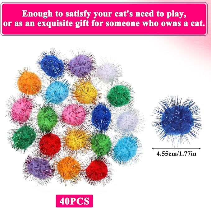 40 Pcs Pom Pom Balls for Kittens Colorful Pompom Balls for Cats Sparkle Ball for Cats Interactive Cat Toy Set for Exercise and Entertainment-PawvioPets