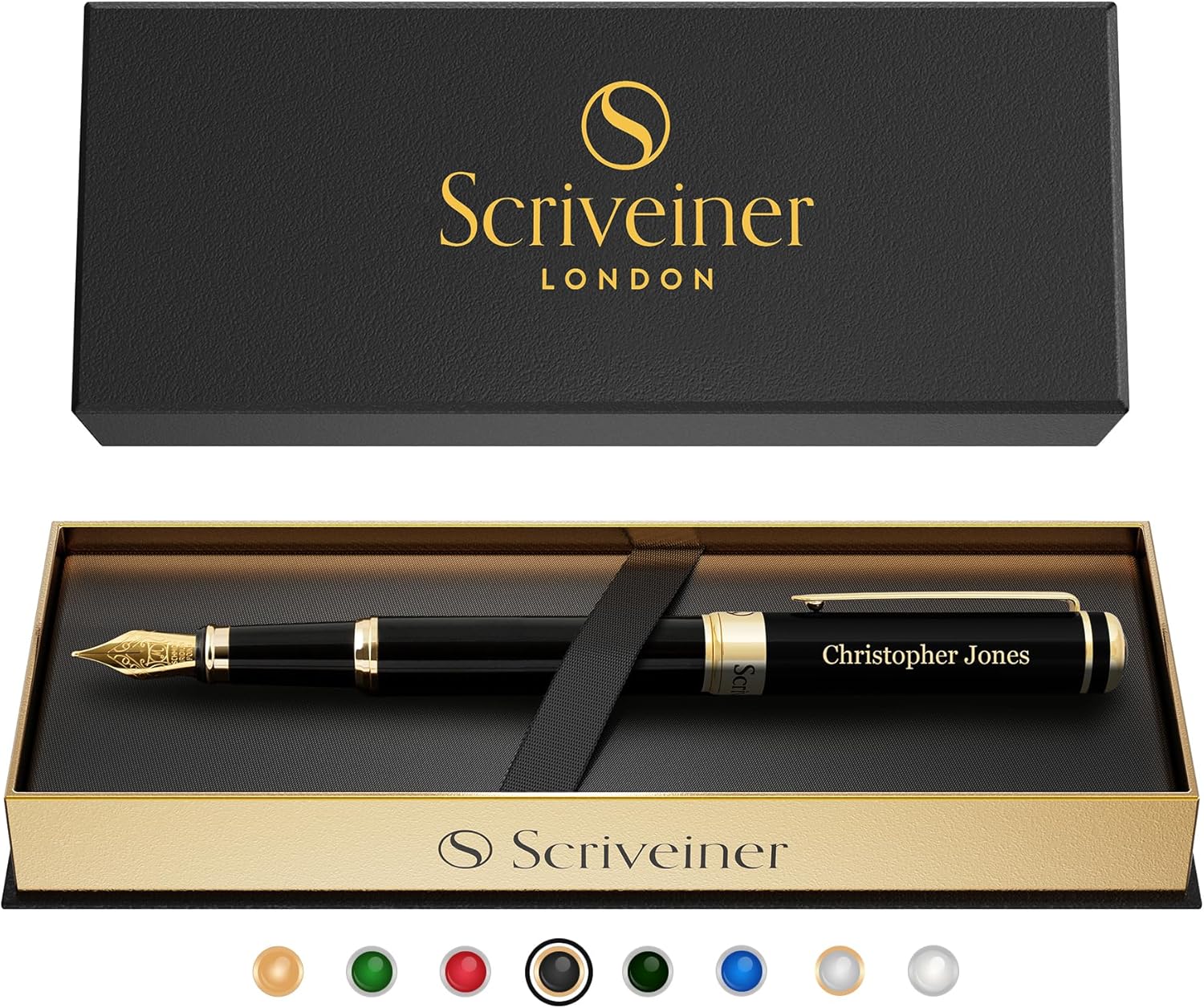 Scriveiner Personalized Black Fountain Pen - Stunning Luxury Pen, Jet Black Lacquer, Real Gold Plating, German Schmidt Nib (Medium), Best Engraved Gift Set for Men & Women, Name Engraving