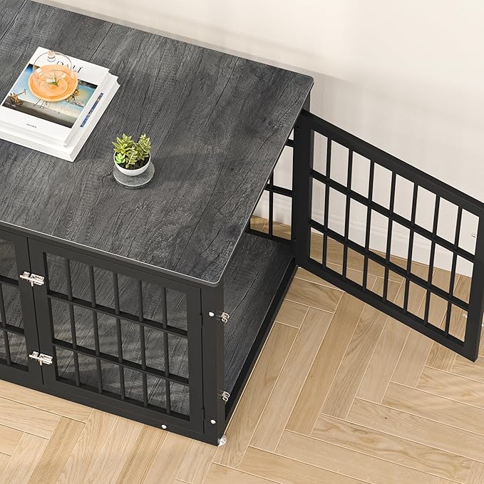 42 Inch Heavy Duty Dog Crate Furniture for Large and Medium Dogs, Decorative Pet House End Table, Wooden Cage Kennel Furniture Indoor, Gray-PawvioPets