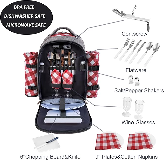 apollo walker Picnic Backpack Bag with Cooler Compartment, Detachable Bottle/Wine Holder, Fleece Blanket, Plates and Cutlery Set (2 Person, Gray)-PawvioPets
