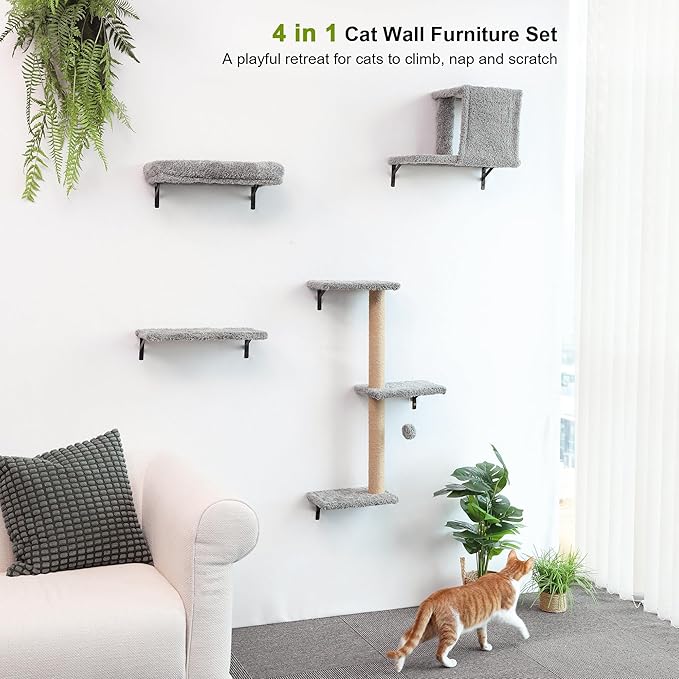 FUKUMARU Cat Wall Shelves, Stable & Safe 4 in 1 Cat Furniture Set, Wooden Climbing Wall with Scratching Post for 16 Inch Drywall - Light Gray-PawvioPets