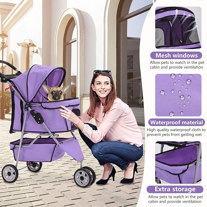Dog Stroller,3 Wheels Travel Folding Pet Strollers for Small Medium Dog Cat Jogger Stroller with Storage Basket Removable Liner Purple-PawvioPets