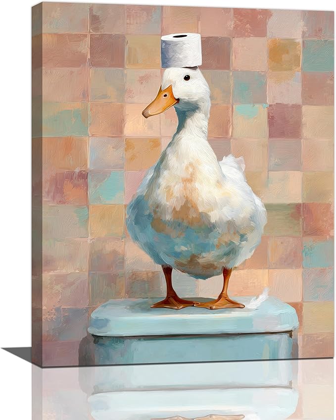 Funny Duck Bathroom Wall Art Cute Duck on Toilet Canvas Wall Decor Funny Quirky Farm Animal Pictures Painting Print Framed Artwork Decorations Gifts for Bathroom 16"x20"-PawvioPets