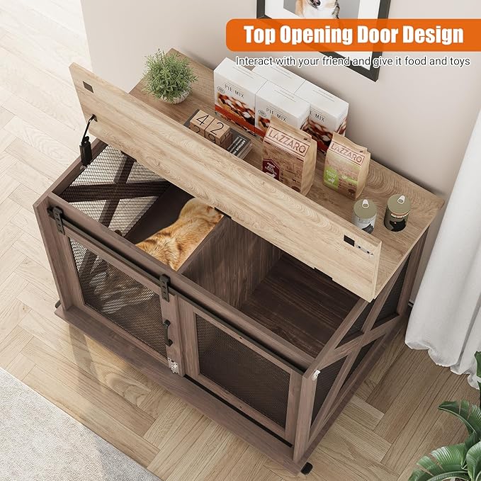 Dog Crate Furniture,37 Inch Indoor Dog Cage with Sliding Barn Door, Flip Top Dog Kennel End Table with Removable Divider, Farmhouse Wooden Pet House for Small to Middle Size Dogs-PawvioPets
