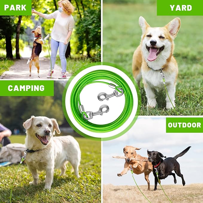 Dog Tie Out Cable 10/15/20/25/30 FT Runner for Yard Steel Wire Cable with Durable Superior Clips Green Chains for Outside Dog Lead for Large Up to 165 Lbs-PawvioPets