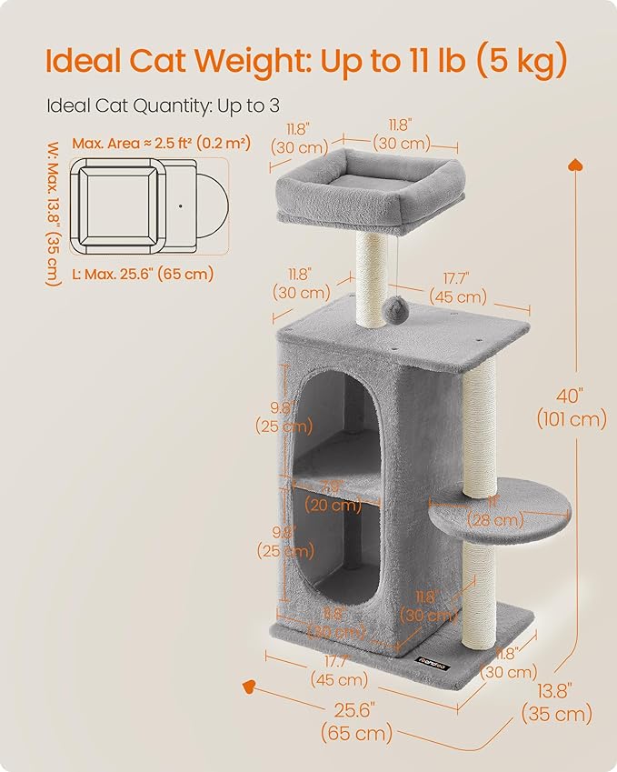 Feandrea Cat Tree Tower with 2 Caves for Multi-Cat Households, Kittens, Scratching Posts, Light Gray UPCT005G01-PawvioPets