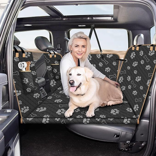 Dog Car Seat Cover for Back Seat, Larger Dog Car Bed Cover with Strong Bottom, Car Back Seat Extender Hammock for Full Size Truck/SUV Black 8 Panels Black Foot Print-PawvioPets