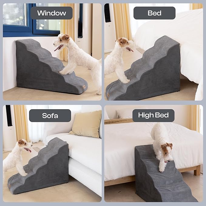 Dog Stairs for High Beds Up to 30", Extra-Tall 24.5" 5-Step Foam Pet Ramp with Washable Cover, Gentle Slope Steps, Bed & Couch Ladder for Small Medium Dogs & Senior Cat, Puppy Climbing Stairs-PawvioPets