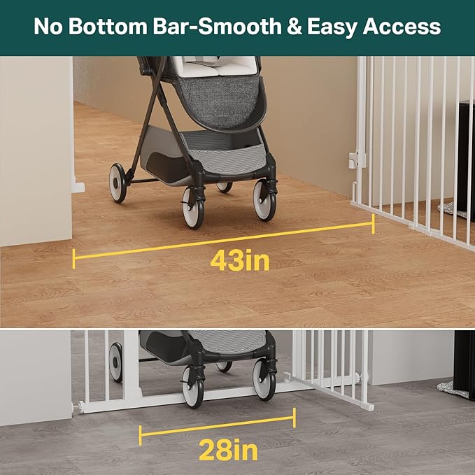 Cumbor 29.2-43" No Bottom Bar Baby Gate for Stairs, 2-in-1 Hardware Mounted Dog Gate Indoor, Auto Close Pet Gate for Doorways with Large Walk Thru Door, Wide Child-Proof Safety Gates for Kids (White)-PawvioPets