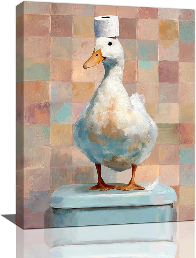 Funny Duck Bathroom Wall Art Cute Duck on Toilet Canvas Wall Decor Funny Quirky Farm Animal Pictures Painting Print Framed Artwork Decorations Gifts for Bathroom 12"x16"-PawvioPets