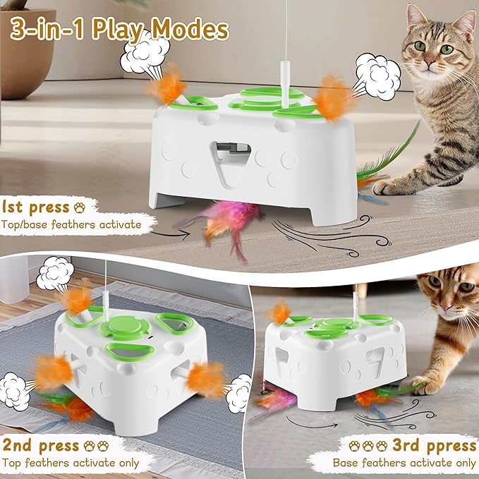 3-in-1 Interactive Cat Toys for Indoor Cats,Automatic Kitten Toy,Flying Bird,6 Holes Mole,Rotating Feather, Rechargeable USB Interactive Cat Feather Toys for Bored Indoor Cats-PawvioPets