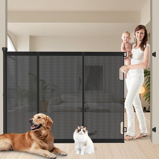 Extra Tall Retractable Baby Gates: 51" Tall Pet Gate, Extend up to 200" Wide, Mesh Baby Gate with Support Rods Jump-Proof Design for Cats & Large Dogs High Dog Cat Door Indoor Outdoor, Black-PawvioPets
