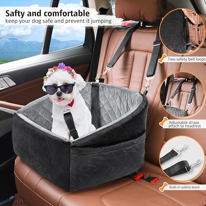 Dog Car Seat for Small Dogs,Detachable Washable Dog Booster Seat Under 30lbs, Pet Car Seat Travel Bed with Storage Pockets and Dog Safety Belt (Black/Grey)-PawvioPets