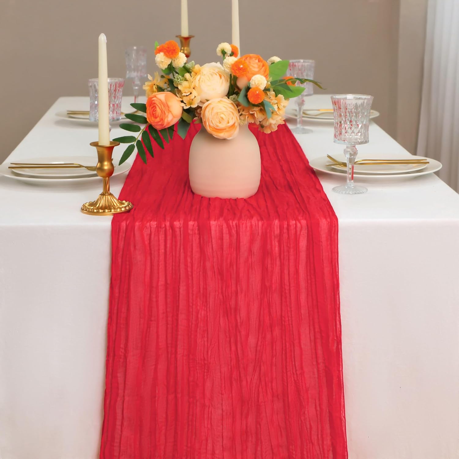 Snowkingdom 6 PCS Red Cheesecloth Table Runner 10 Ft, 120 inch Long Cheese Cloth Gauze Runners for Christmas Valentine Wedding Bridal Baby Shower Birthday Holiday Party Table Decorations