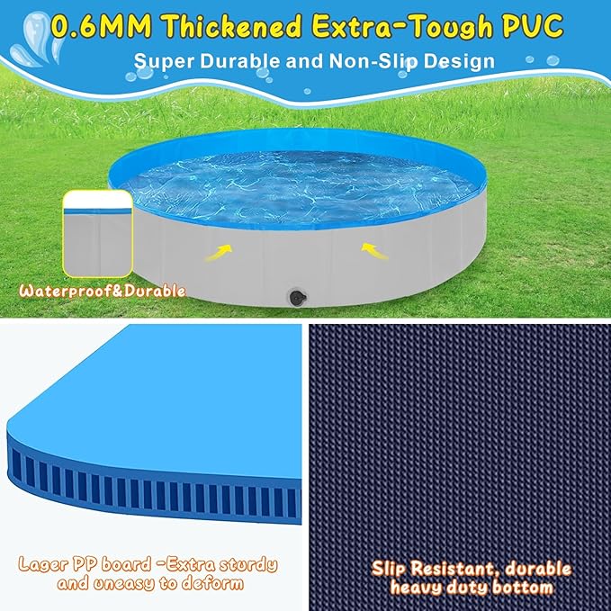 Extra Large Foldable Dog Pools for Large Dogs Heavy Duty,97"x16" Anti-Slip Portable Swimming Pool,Hard Plastic Kiddie Pool for Pets Dogs Cats & Kids-PawvioPets
