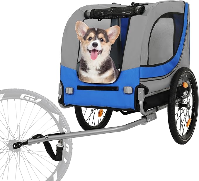 Blue-Grey Large Folding Bike Trailer for Dogs – Heavy-Duty Steel Frame, 66LB Capacity Pet Carrier for All-Terrain Cycling, Jogging & Camping Adventures!-PawvioPets