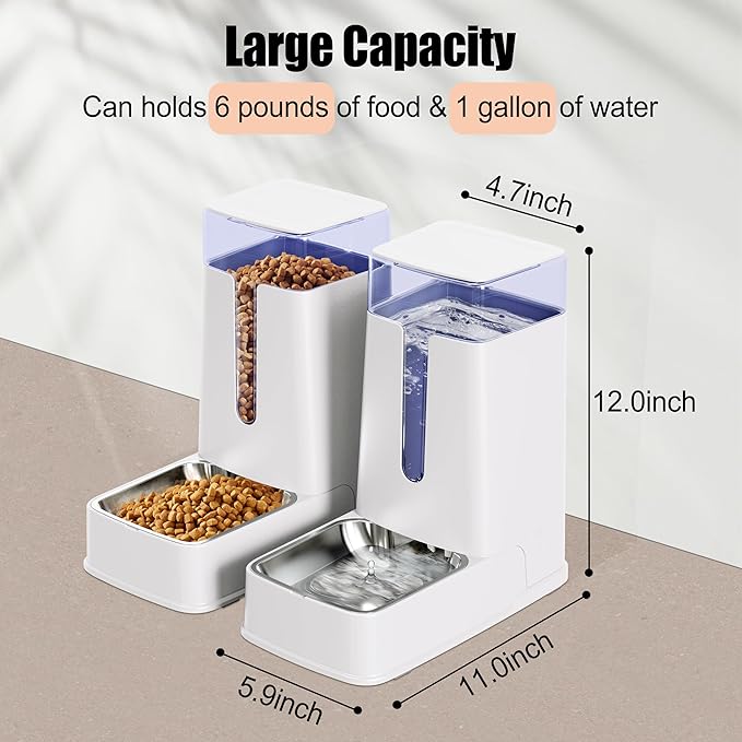 Automatic Cat Feeder and Cat Water Dispenser Set with Stainless Steel Bowls Gravity Dog Feeder for Small Medium Big Dog Pets Puppy Kitten, 3.8L x 2-PawvioPets