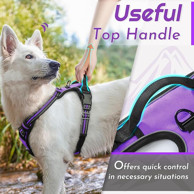 Eagloo Dog Harness for Large Dogs, No Pull Service Vest with Reflective Strips and Control Handle, Adjustable and Comfortable for Easy Walking, No Choke Pet Harness with 2 Metal Rings, Purple, L-PawvioPets