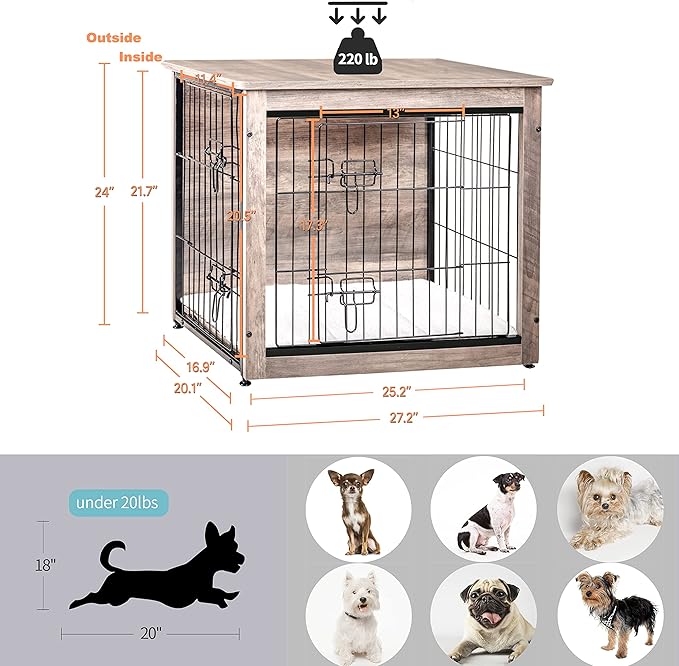 DWANTON Dog Crate Furniture with Cushion, Wooden Kennel Table with Double Doors, Indoor Dog House, Small/Medium/Large/Extra Large Size, 27.2" L, Greige-PawvioPets