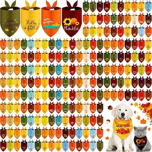 200 Pcs Fall Thanksgiving Dog Bandana Bulk with Sayings Pet Triangle Scarf Bibs Washable Puppy Kerchief Adjustable Grooming Supplies for Small Medium Large Dog Cat Costume Accessories-PawvioPets