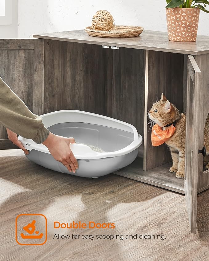 Feandrea Cat Litter Box Enclosure, Litter Box Furniture Hidden with Removable Divider, Indoor Cat House, End Table, 31.5 x 20.9 x 19.7 Inches, Greige UPCL002G01-PawvioPets