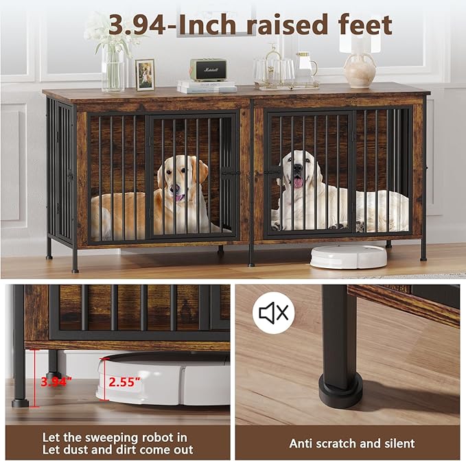 EasyCom 78 Inch Dog Crate Furniture for 2 Dogs, Extra Large Double Dog Cage Large Breed, XXL Thick Wooden Dog Crate TV Stand, Sturdy Dog Kennel with Divider-PawvioPets
