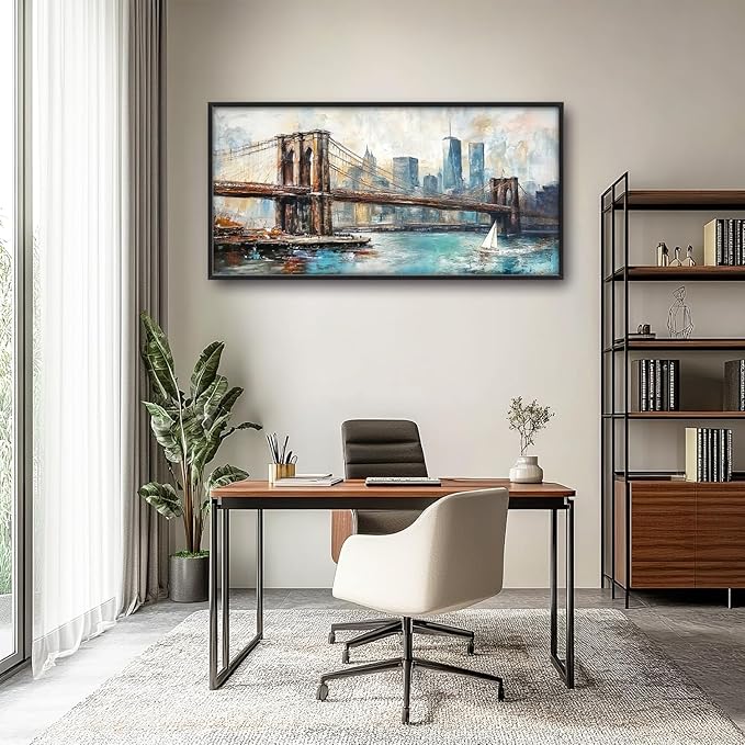 Extra Large Framed Brooklyn Bridge Wall Art,New York City Wall Decor,Abstract Skyline Cityscape Pictures for Living Room,Canvas Print Painting Modern Artwork Bedroom Office Bathroom 60L x30W-PawvioPets