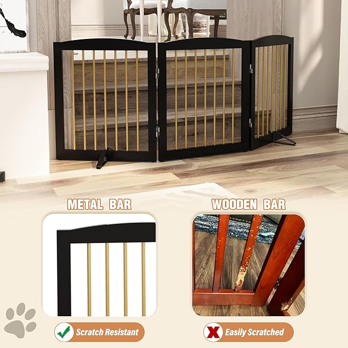 Freestanding Pet Gate for Dogs, Foldable Wooden Dog Gate for House, Indoor Dog Gate for Doorways, Stairs, Step Over Pet Puppy Safety Fence, Support Feet Included,24" Height 3 Panels,Black&Gold-PawvioPets