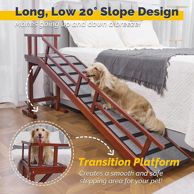 Dog Ramp for Bed or Couch, Wooden Pet Ramp with 20° Gentle Slope, Removable Side Rails, Non-Slip Surface, Top Platform & Wheels, Safe Bed Ramp for Small, Medium & Senior Dogs, 74" Long, Mahogany-PawvioPets