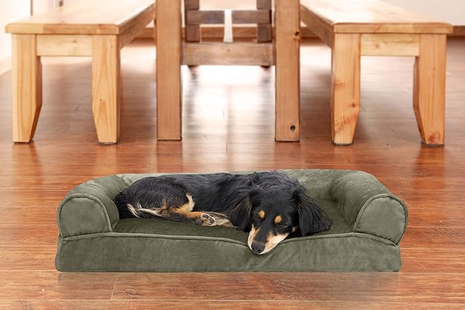 Furhaven Pillow Dog Bed for Medium/Small Dogs w/ Removable Bolsters & Washable Cover - Faux Fur & Velvet Sofa - Dark Sage, Medium-PawvioPets