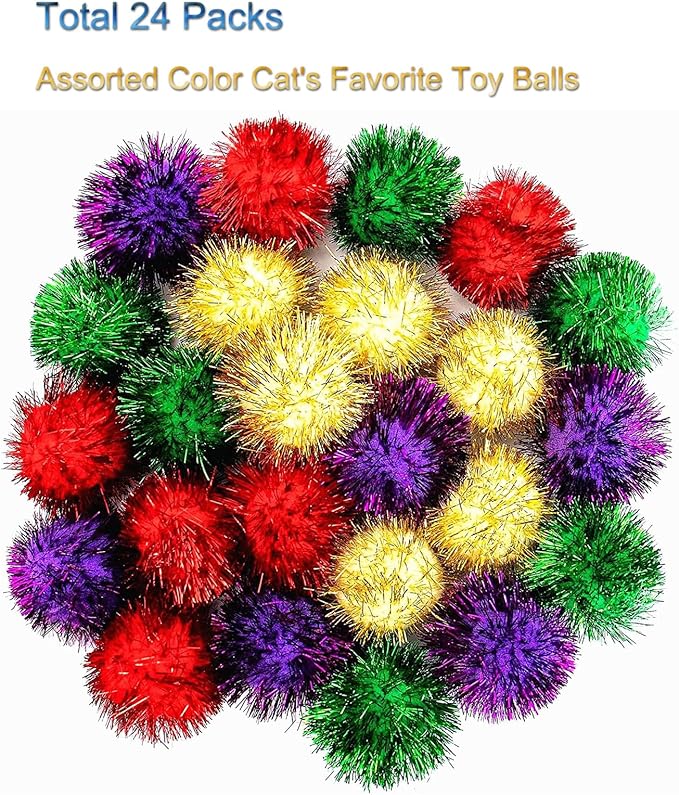 AUEAR, 24 Pack 2 Inch Extra Large Sparkle Cat Ball Glitter Tinsel Pom Pom Balls for Kittens (4 Assorsted Colors)-PawvioPets
