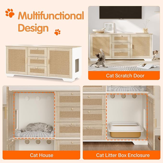 Cat Litter Box Enclosure Furniture Hidden Indoor 2-in-1 Wooden Cat & Washroom Cabinet with Scratching Board Doors and 3 Drawer for 2 Cats, 55"x20"x24"H-PawvioPets