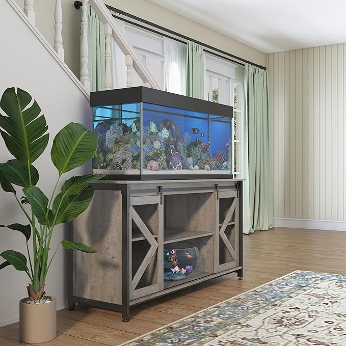 55-75 Gallon Aquarium Stand Heavy Duty Steel Frame, Fish Tank Cabinet with Accessories Storage for Reptile Terrarium & Turtle Tank - 1000lbs Capacity (Grey)-PawvioPets