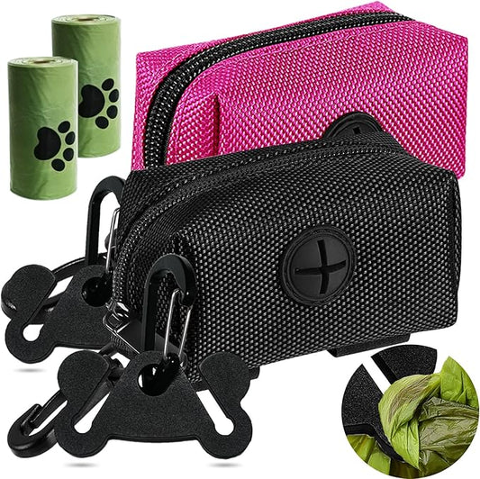 2Packs Dog Poop Bag Holder for Leash Attachment Dog Poop Bag Dispenser Dog Waste Bag Dispensers Dog Poop Bag Holders Fit Dog Leash Accessory With Hand Free Holder Carriers, Pink & Black-PawvioPets