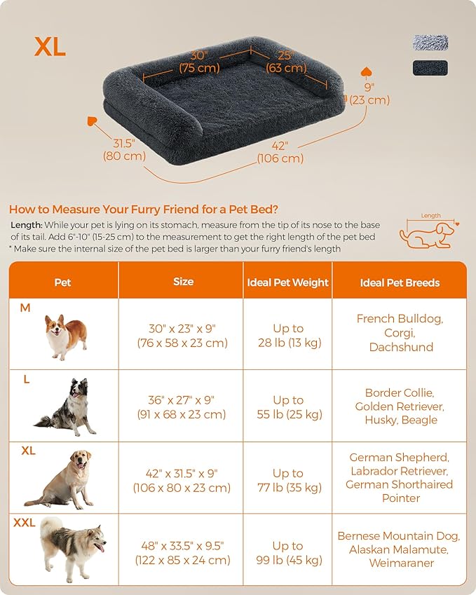 Feandrea Dog Bed, Orthopaedic Dog Sofa Bed for Medium and Large Dogs, Waterproof Ped Bed with Removable Washable Cover, 42 x 31.5 x 9 Inches, Dark Gray UPGW233G02-PawvioPets