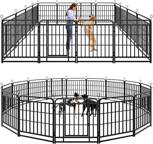 Dog Playpen Outdoor 16 Panels Heavy Duty Dog Fence 32" Height with Thick Pipe Anti-Rust with Doors Portable for RV Camping Yard, Total 36FT, 103 Sq.ft, Snowy Black-PawvioPets